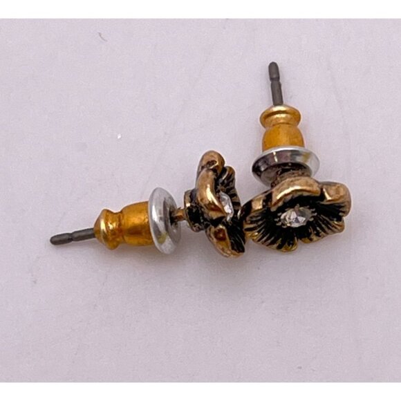 Vintage Flower Stud Earrings Black Floral Rhinestone Accent 1/4 Inch - Picture 4 of 8